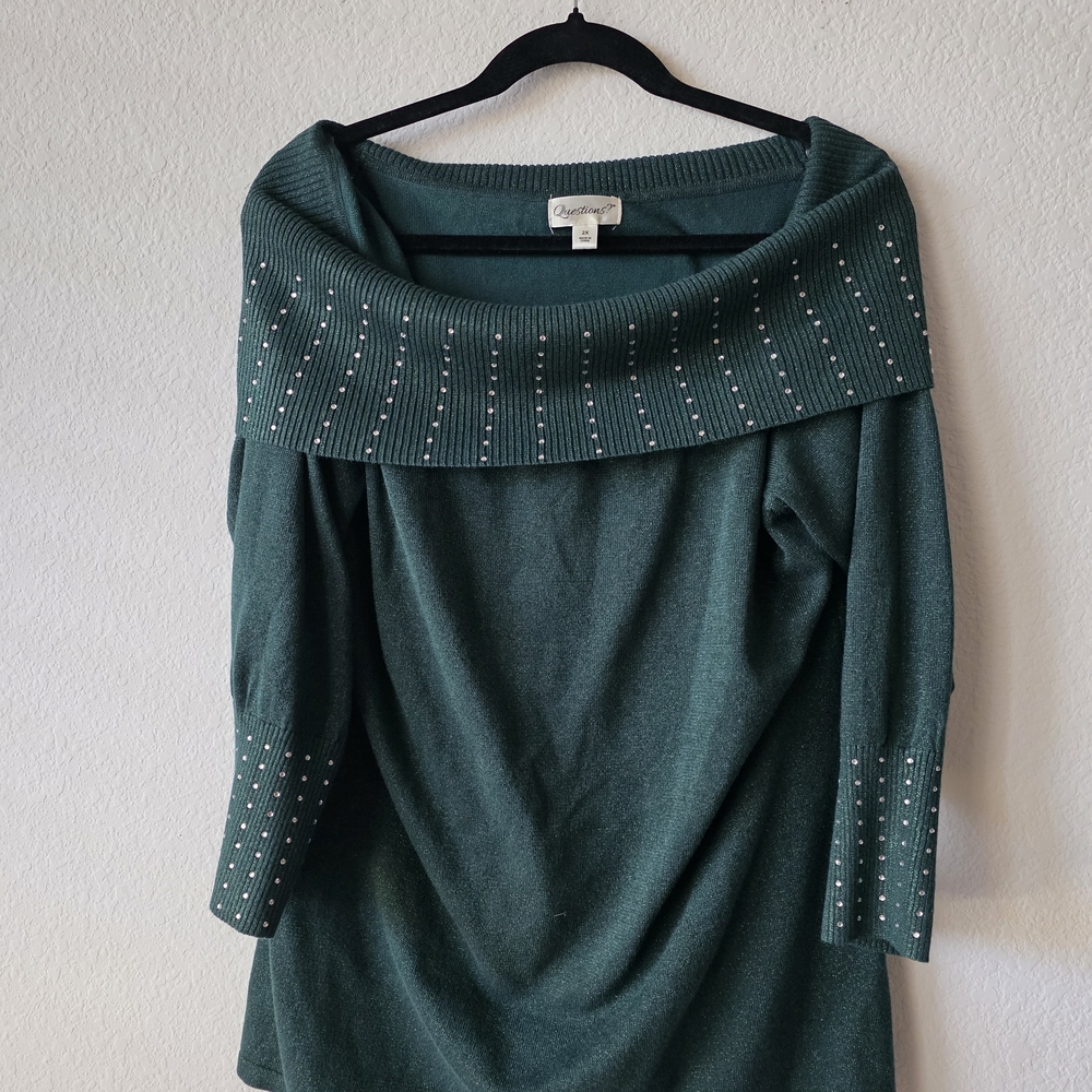 Emerald Off-Shoulder Sweater with Stud Accents